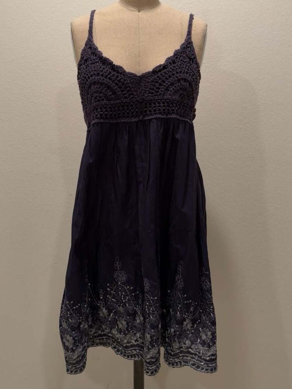 Ultra Pink Navy Blue Crochet Bodice Baby Doll Dress with Embellished Hem